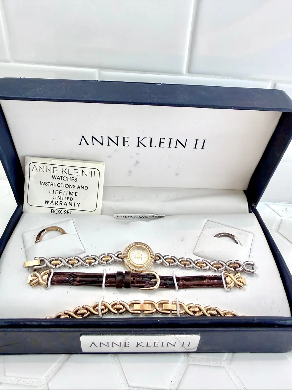 Anne Klein II Two-Tone Chain and Brown Leather Watch Set - Picture 4 of 8